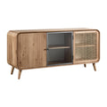 Moderne houten tv-kast met glazen deur en rotan inzetstukken