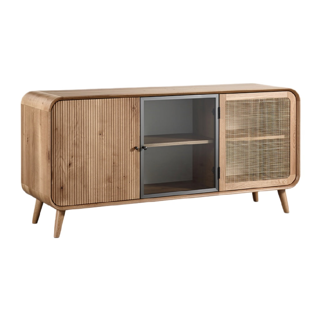 Moderne houten tv-kast met glazen deur en rotan inzetstukken